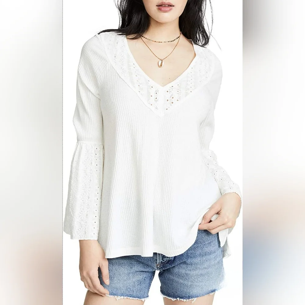 Free People Parisian Nights Bell Sleeve Eyelet Knit Long Sleeve Top sz S